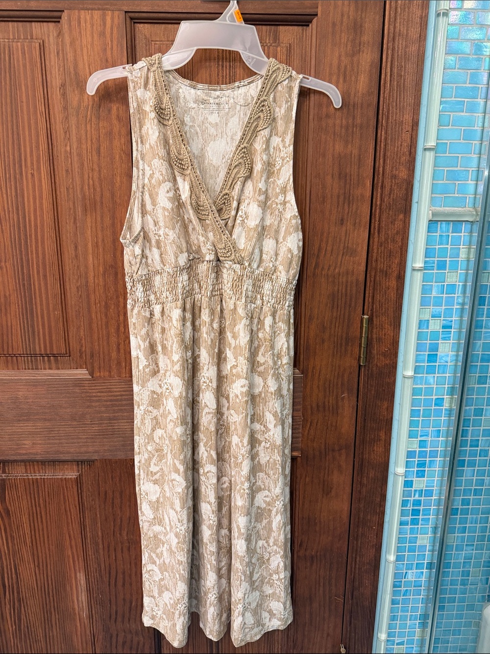 Charter Club Beige Floral V-Neck Maxi Dress with Braided Trim